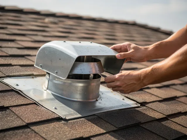 Pickerington Dryer Vent Cleaning certified technician safely cleaning a roof-mounted dryer vent in Pickerington