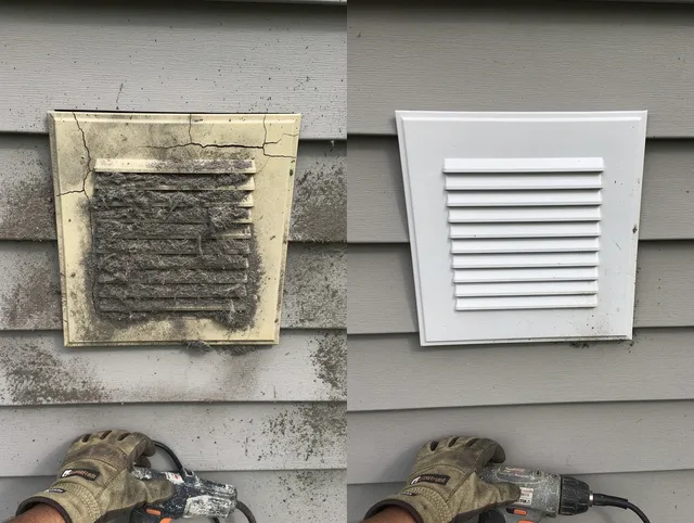 Pickerington Dryer Vent Cleaning technician installing high-quality dryer vent cover at a residential property in Pickerington