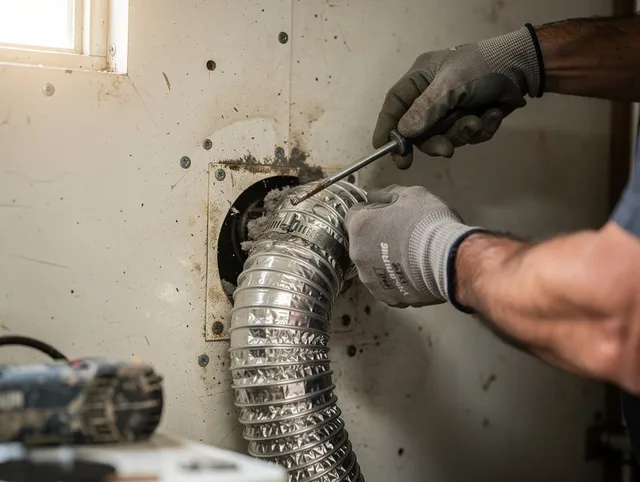 Pickerington Dryer Vent Cleaning technician performing precise dryer vent hose installation in Pickerington
